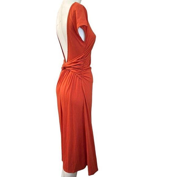Large Sleeveless V Neck Backless Burnt Orange Dress Ruched Midi Stretch NWT - Picture 2 of 5